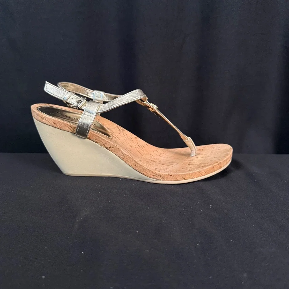 Lauren Ralph Lauren Reeta Cork Wedge Sandals Platino Silver Metallic Womens 8.5B